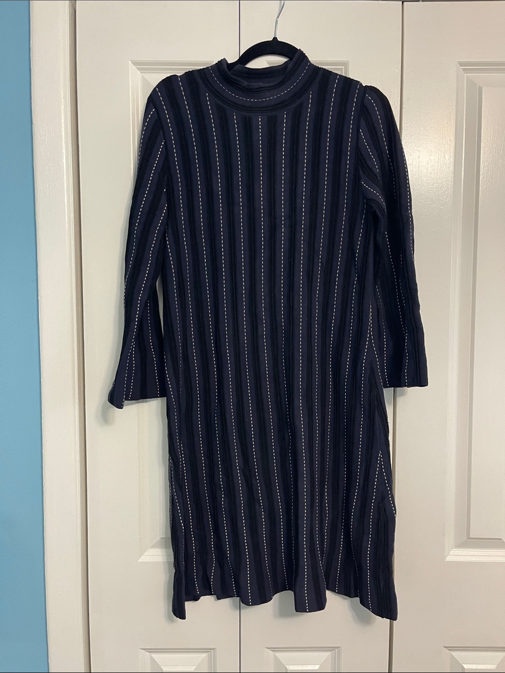 Ann Taylor Navy Striped Mock Neck Midi Dress